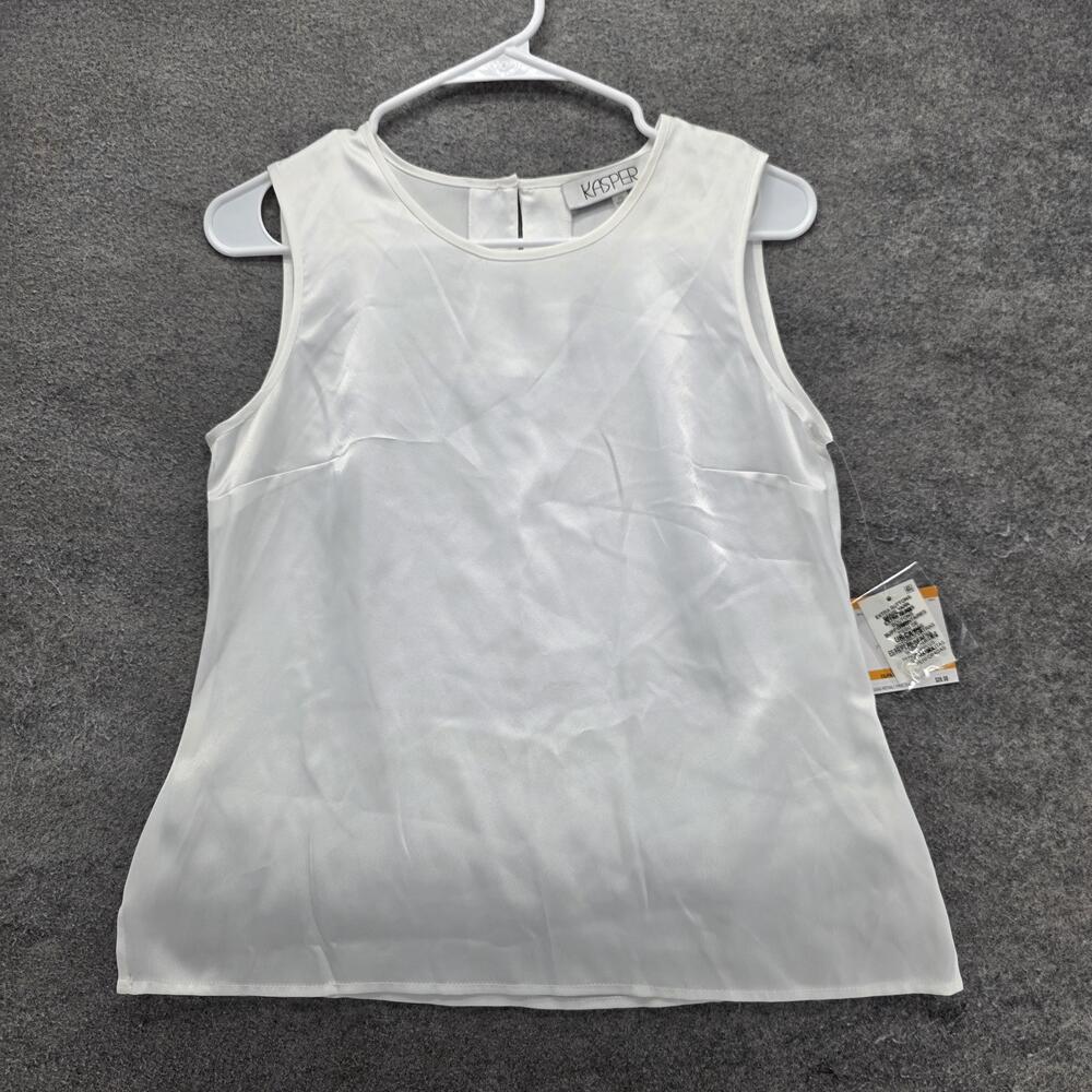 Kasper Blouse Tunic Womens PS White Sleeveless Round Neck Satin Button